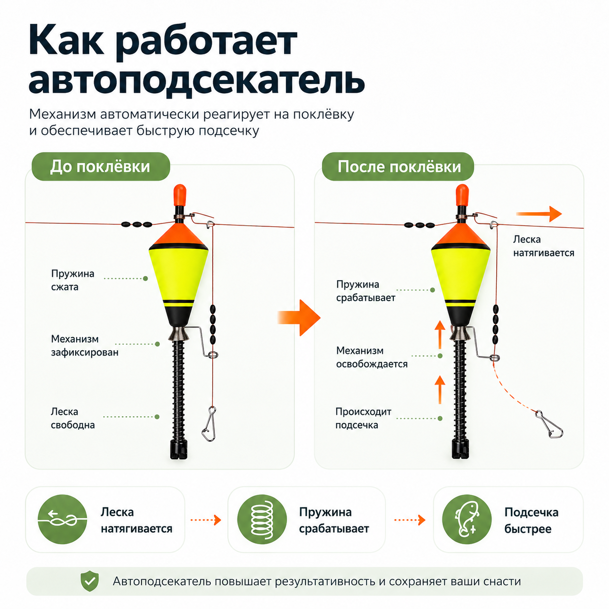 Инфографика как работает автоподсекатель до поклёвки и после поклёвки