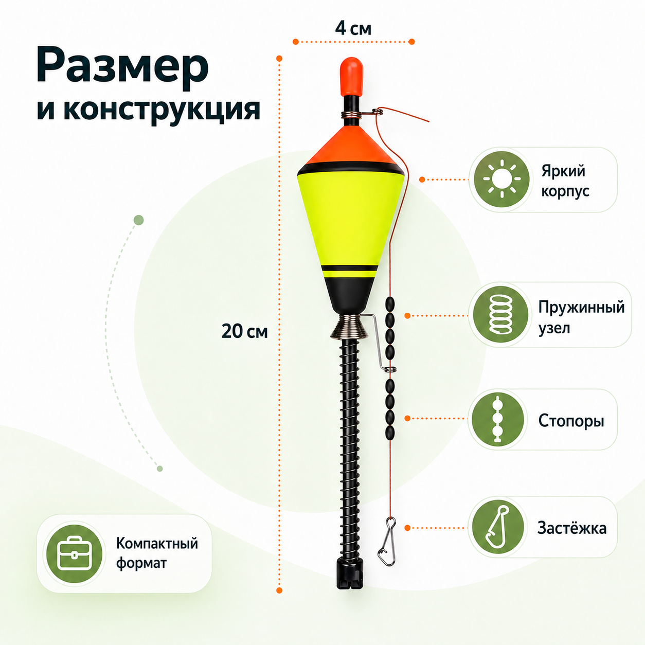 Инфографика с размером и конструкцией поплавка с автоподсекателем